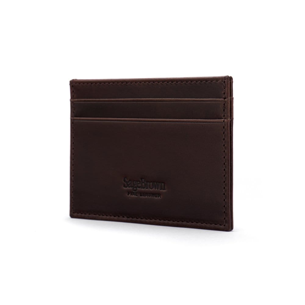 Flat leather credit card wallet 4 CC, brown, back