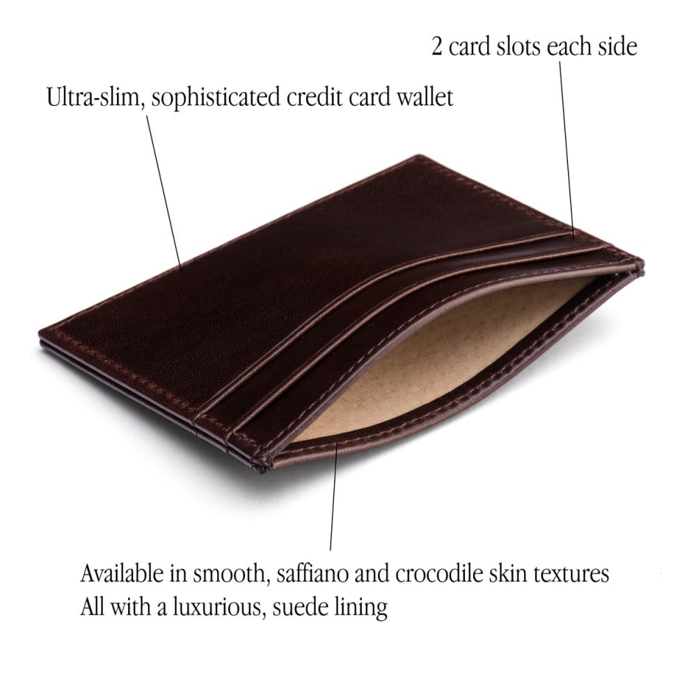 Flat leather credit card wallet 4 CC, brown, features