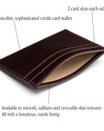 Flat leather credit card wallet 4 CC, brown, features