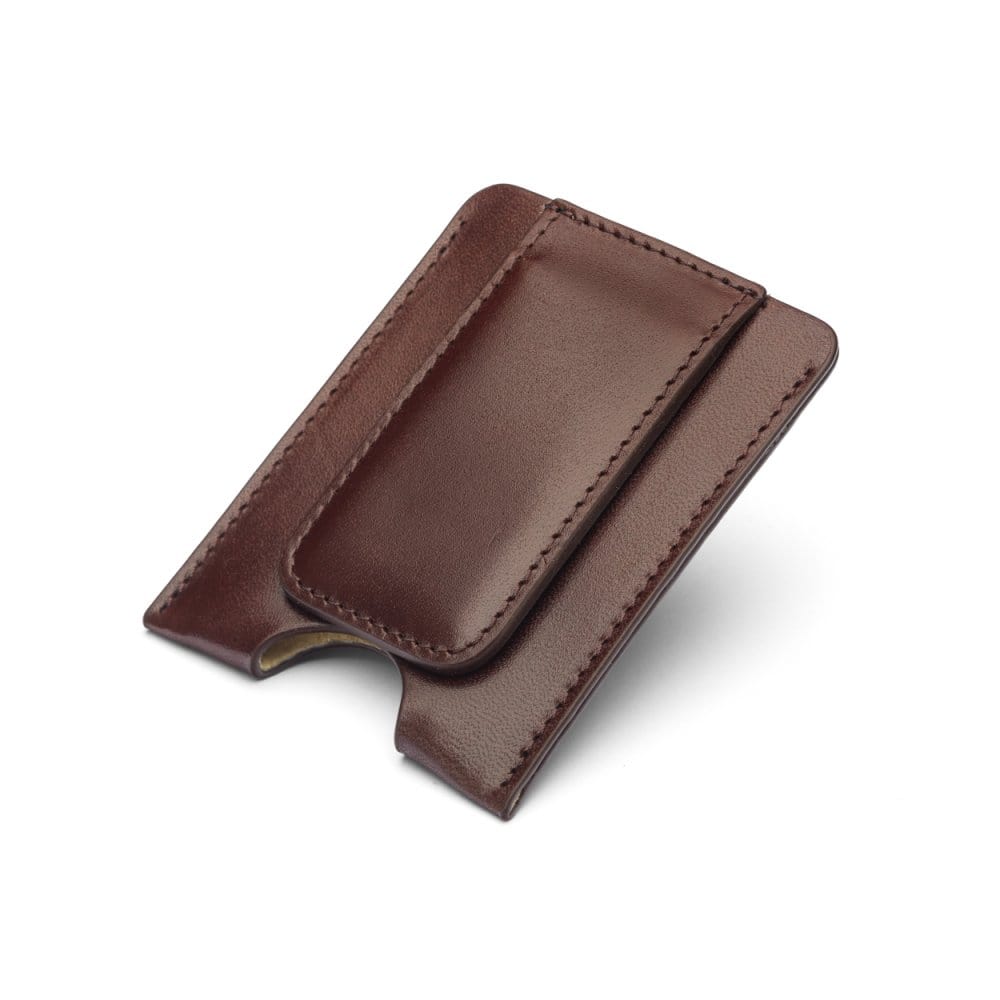 Flat magnetic leather money clip card holder, brown, front
