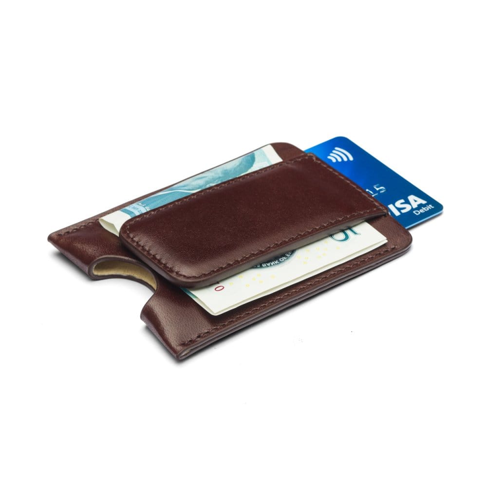 Flat magnetic leather money clip card holder, brown, side