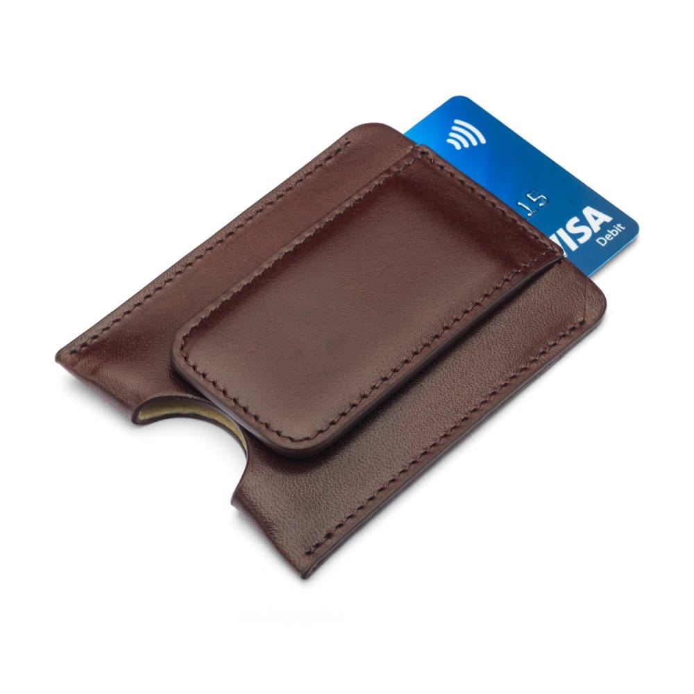 Flat magnetic leather money clip card holder, brown