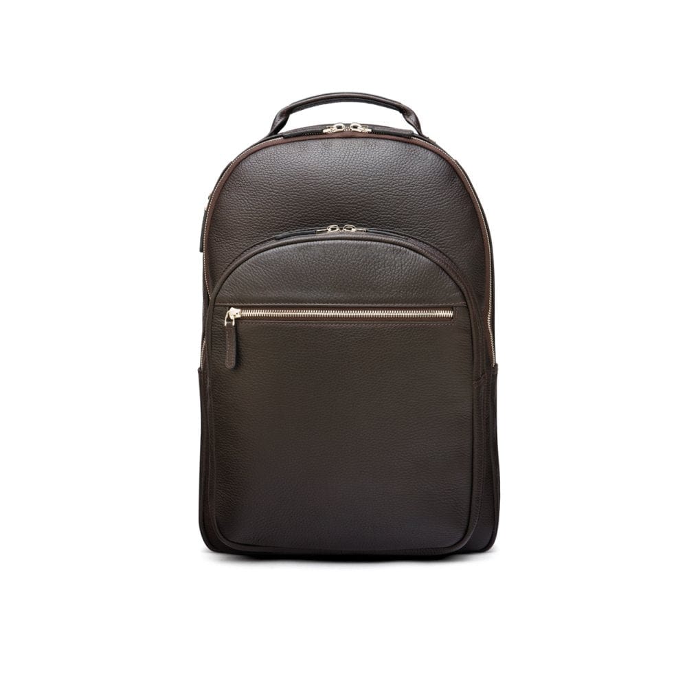 Men's leather 15" laptop backpack, brown pebble grain, front