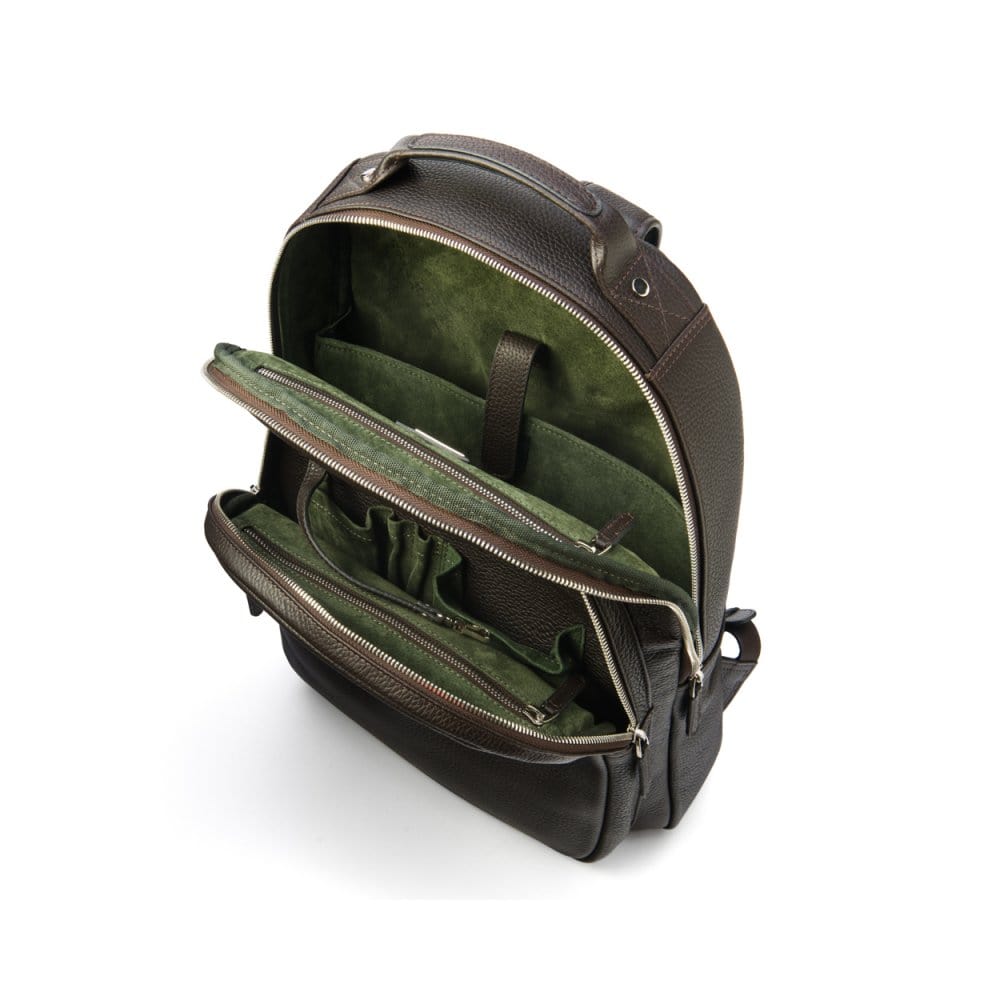 Men's leather 15" laptop backpack, brown pebble grain, inside