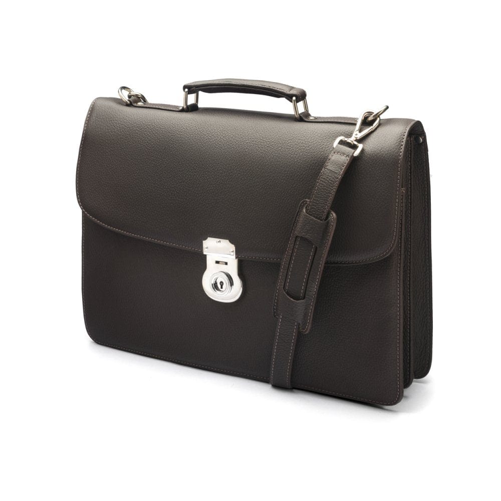 Leather briefcase with silver lock, Harvard, brown pebble grain, side view
