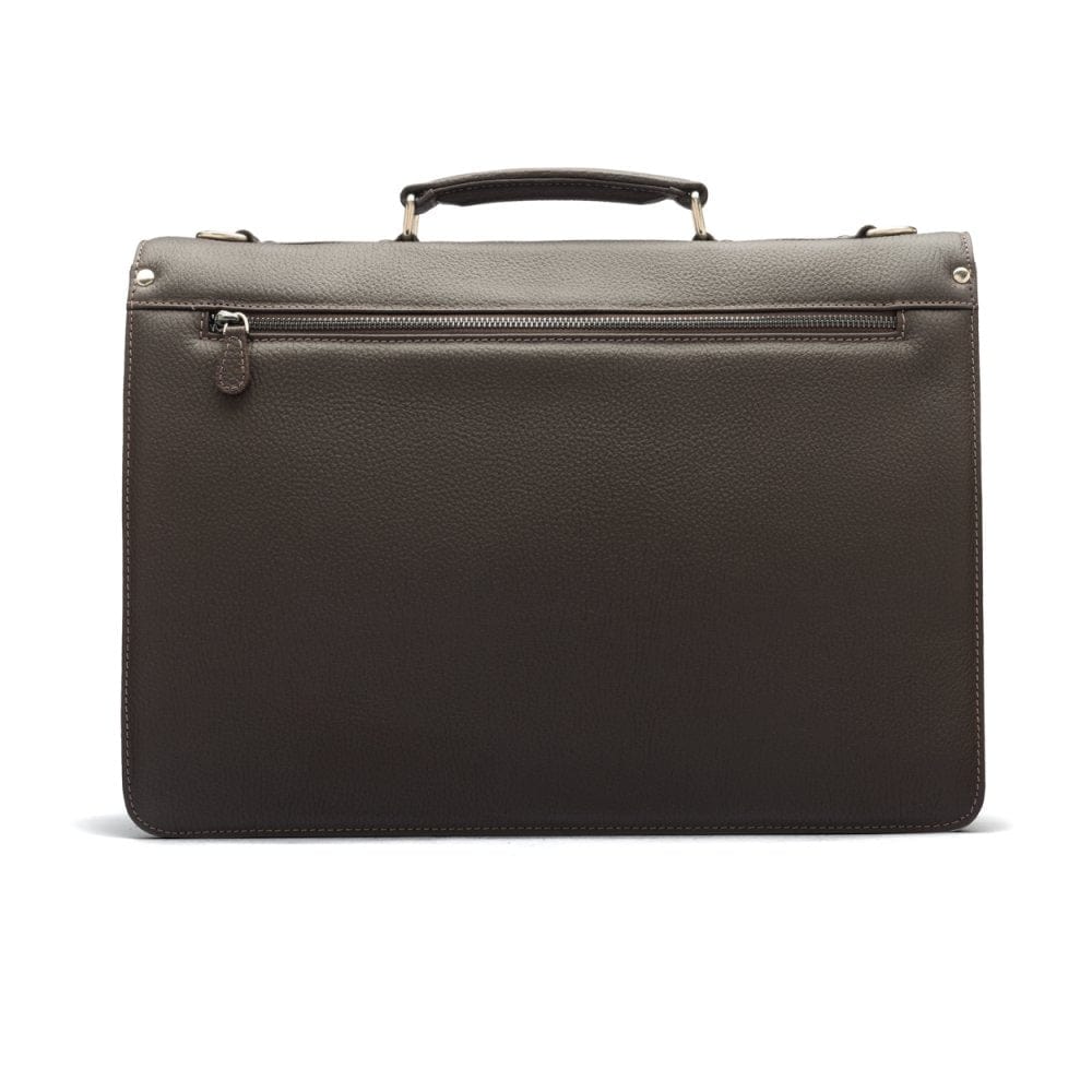Leather briefcase with silver lock, Harvard, brown pebble grain, back