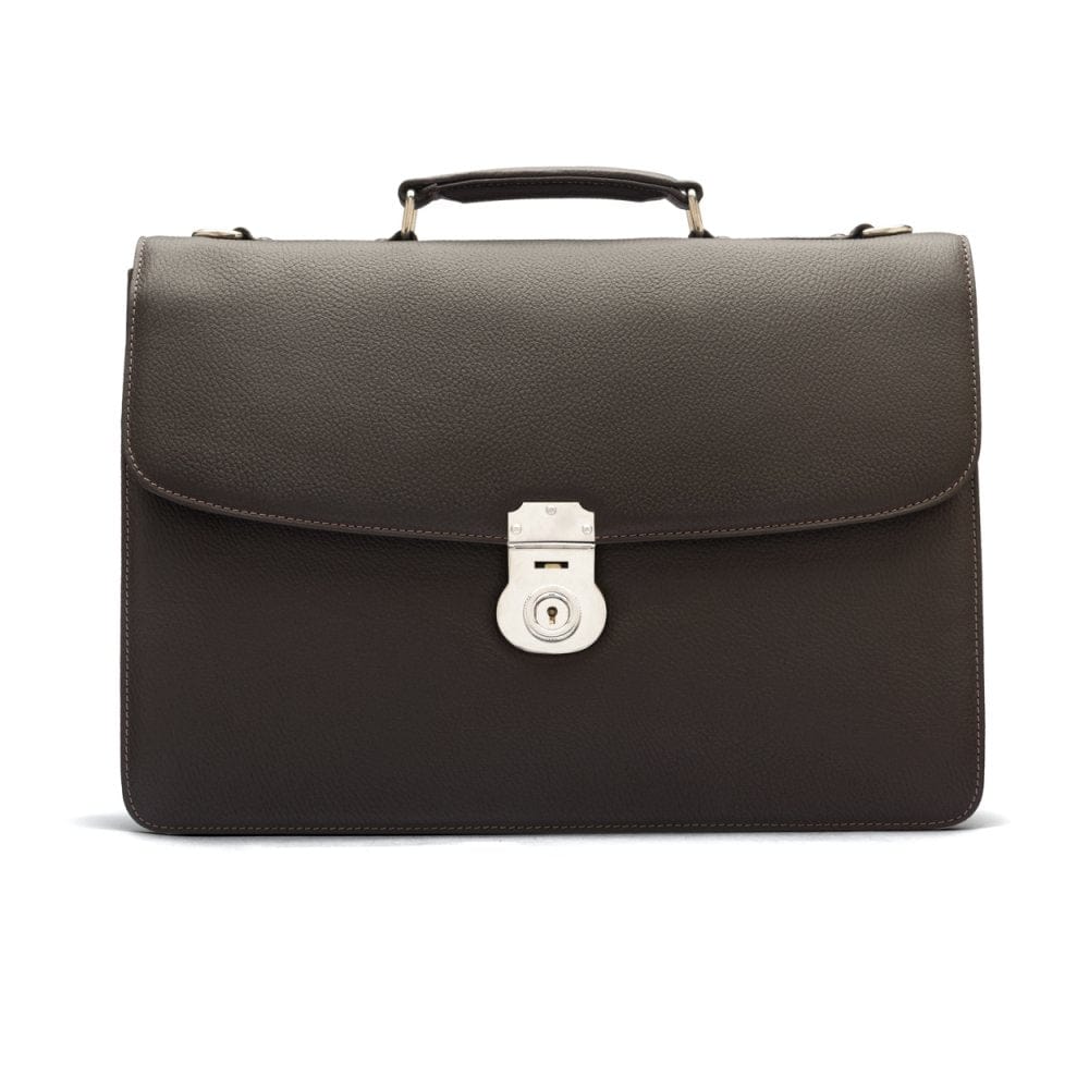 Leather briefcase with silver lock, Harvard, brown pebble grain, front
