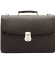 Leather briefcase with silver lock, Harvard, brown pebble grain, front