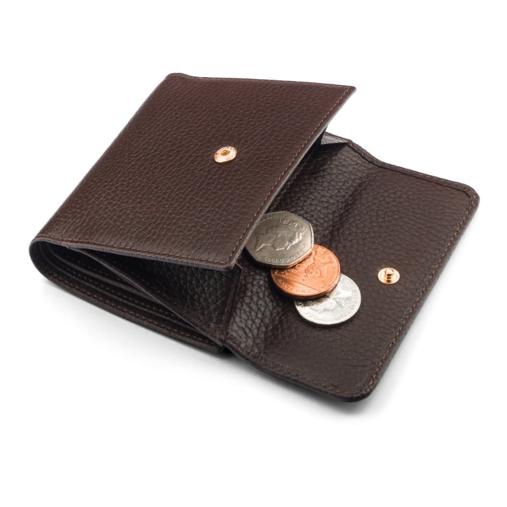 Women's leather purse with 6 cards and coins, brown, inside view