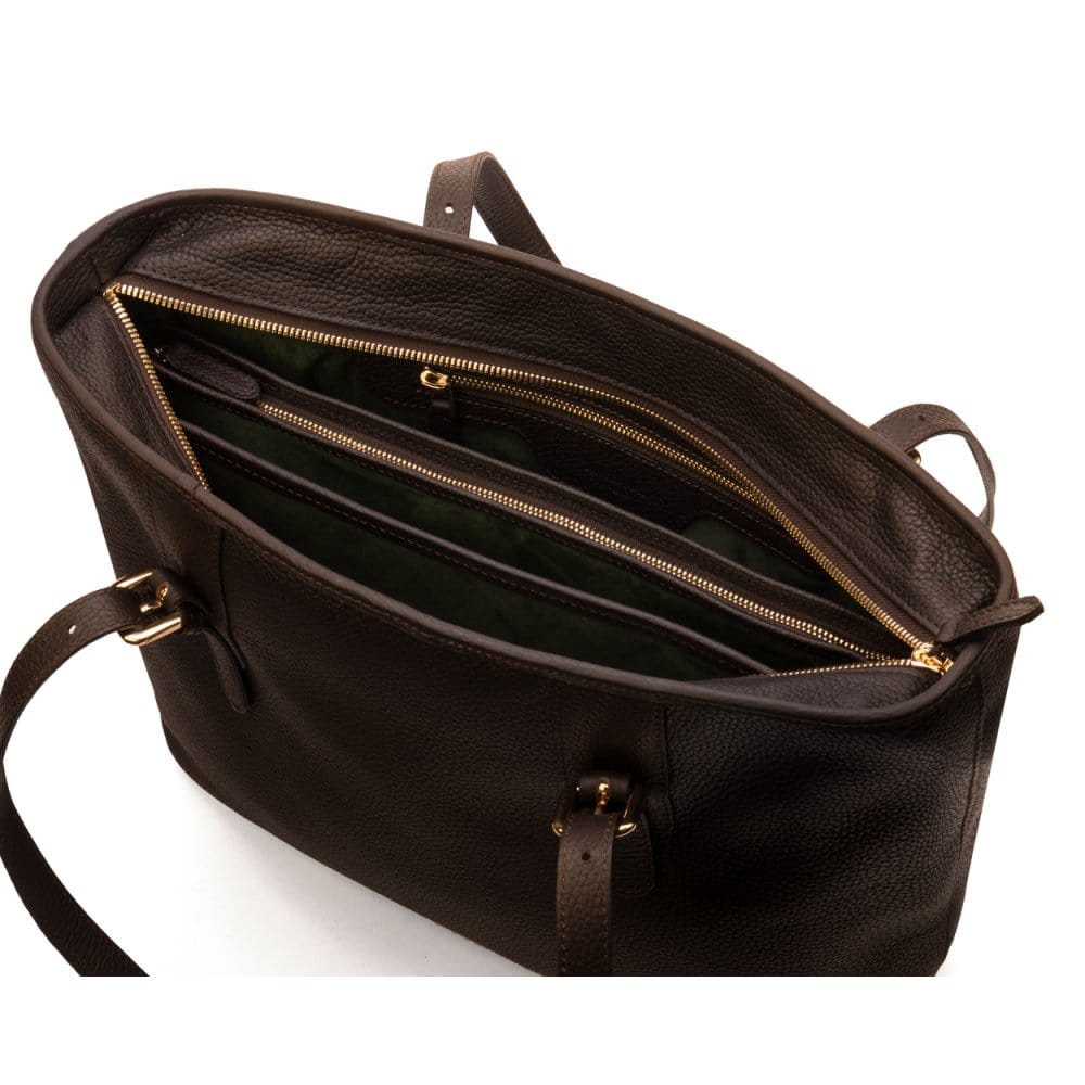 Women's leather 13" laptop workbag, brown, open