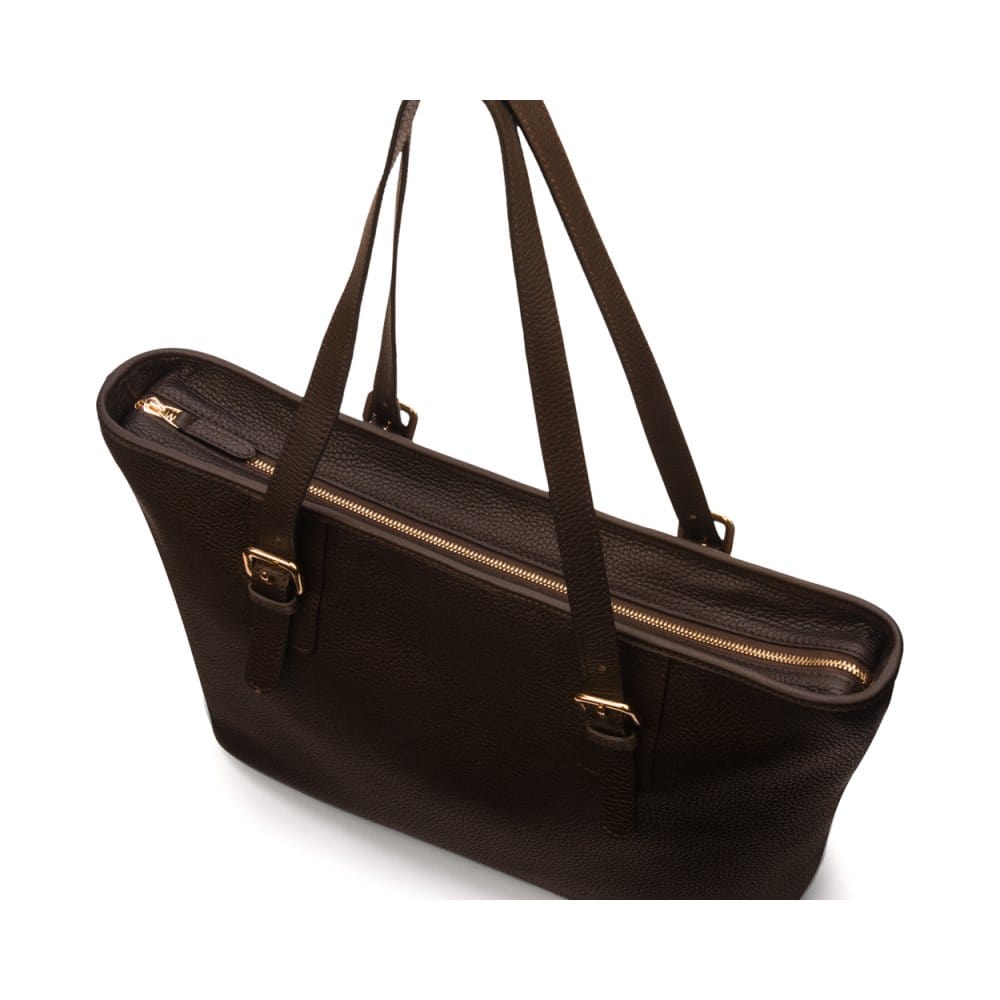 Women's leather 13" laptop workbag, brown, zip closure
