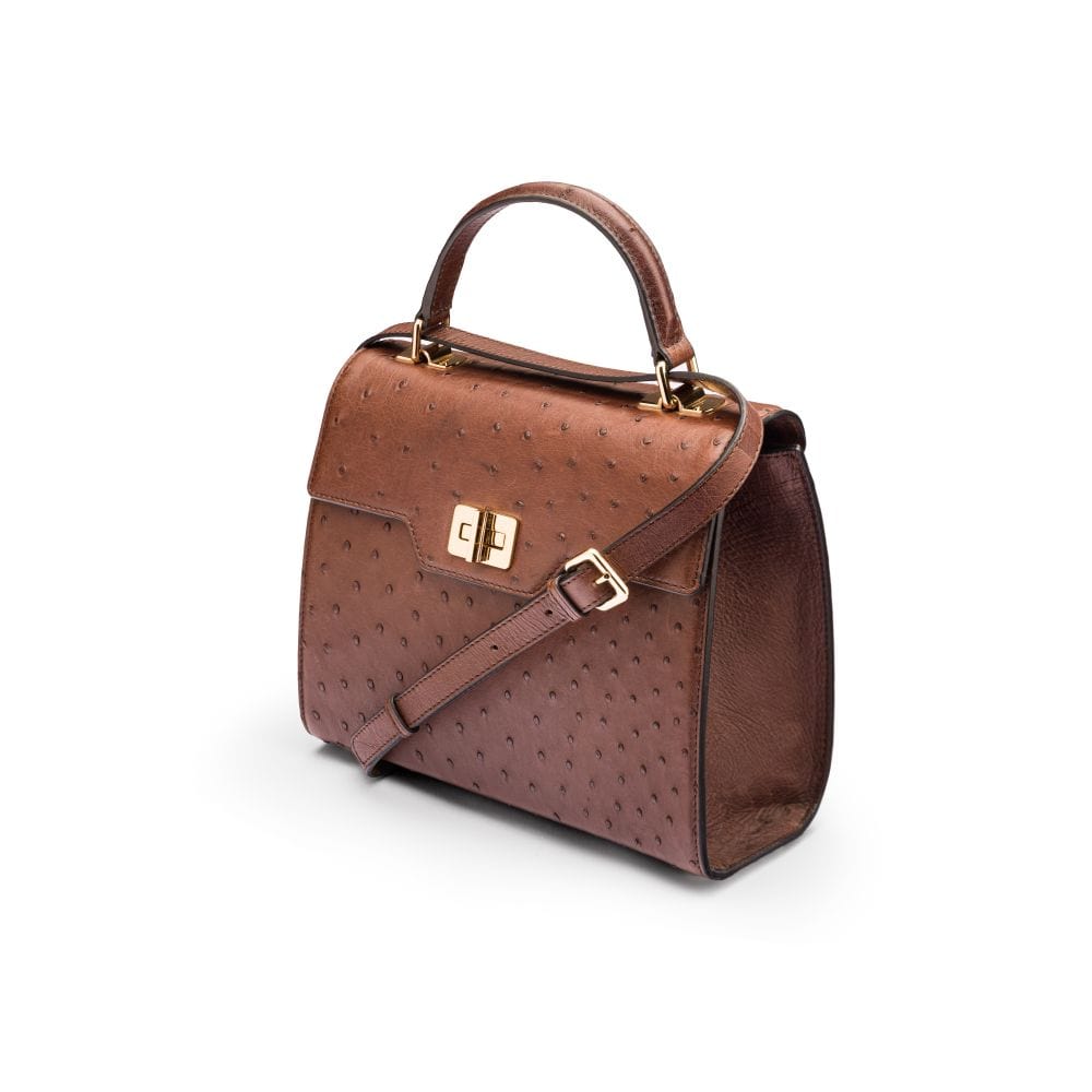 Real ostrich top handle bag, brown, side view