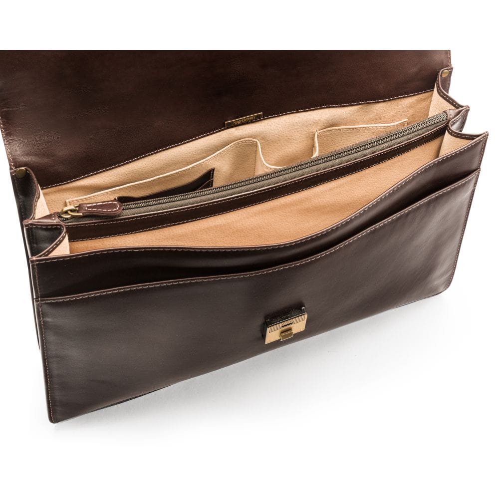 Leather trolley sleeve briefcase, brown, inside
