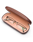 Hard rounded leather glasses case, brown, open