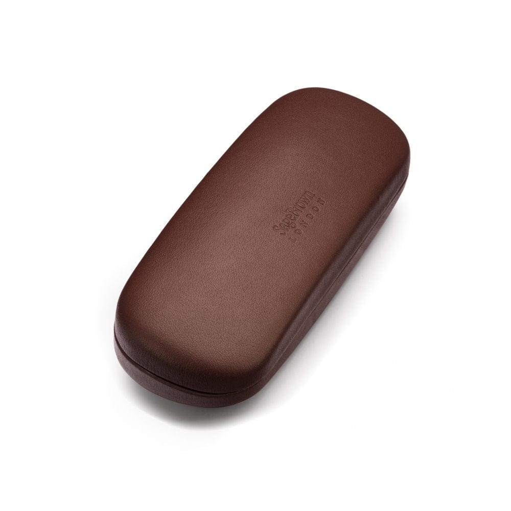 Hard rounded leather glasses case, brown, front