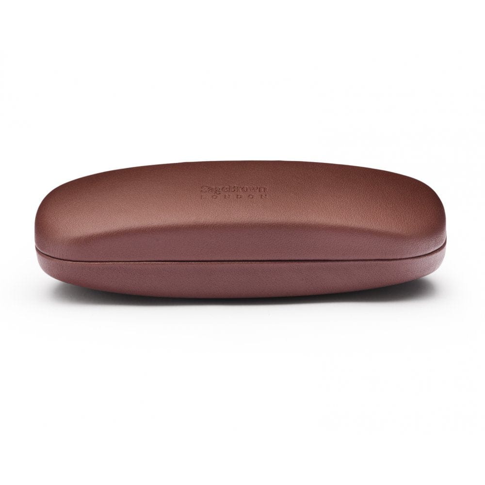 Hard rounded leather glasses case, brown, side