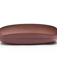 Hard rounded leather glasses case, brown, side