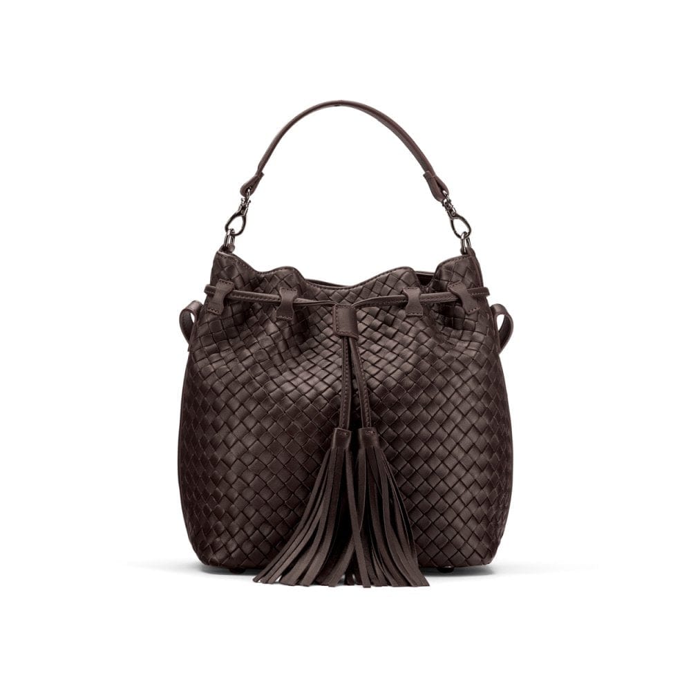 Woven leather bucket bag, brown, front