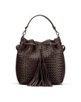 Woven leather bucket bag, brown, front