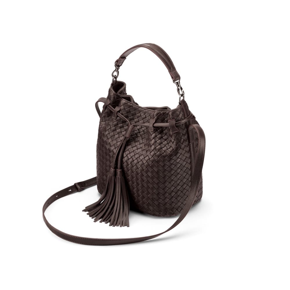 Woven leather bucket bag, brown, side