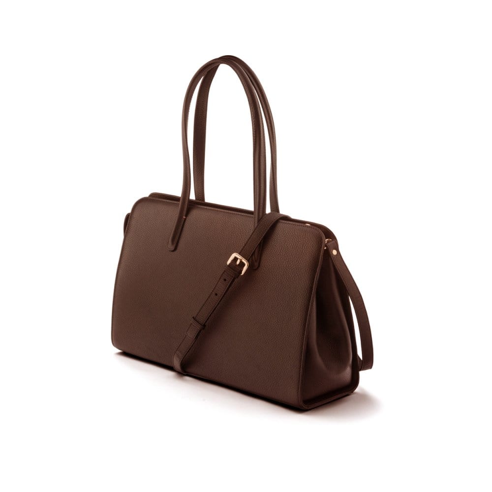 Ladies' leather 15" laptop handbag, brown, with shoulder strap