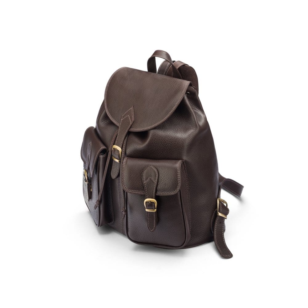 Large leather backpack, brown, side