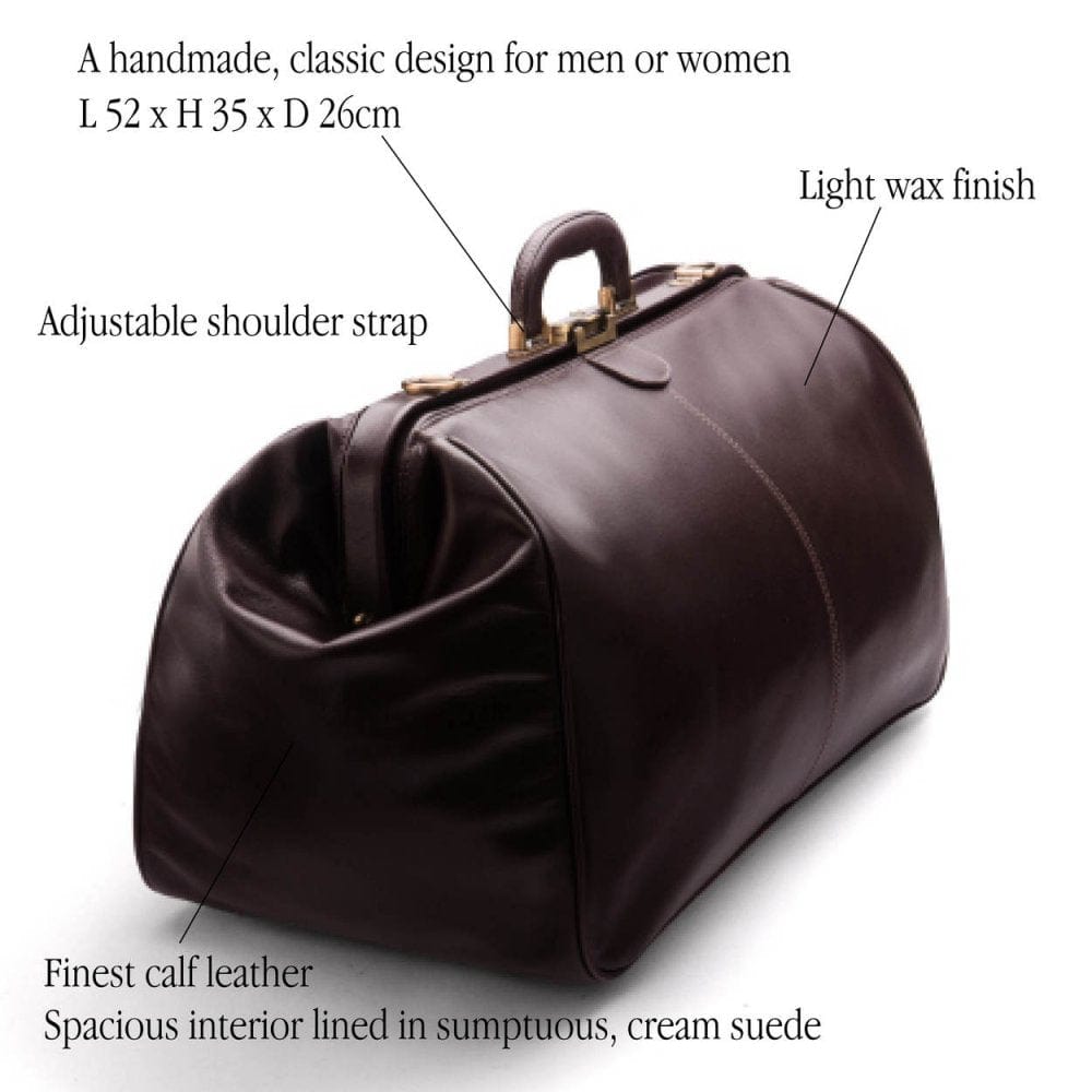 Large leather Gladstone holdall, brown, features