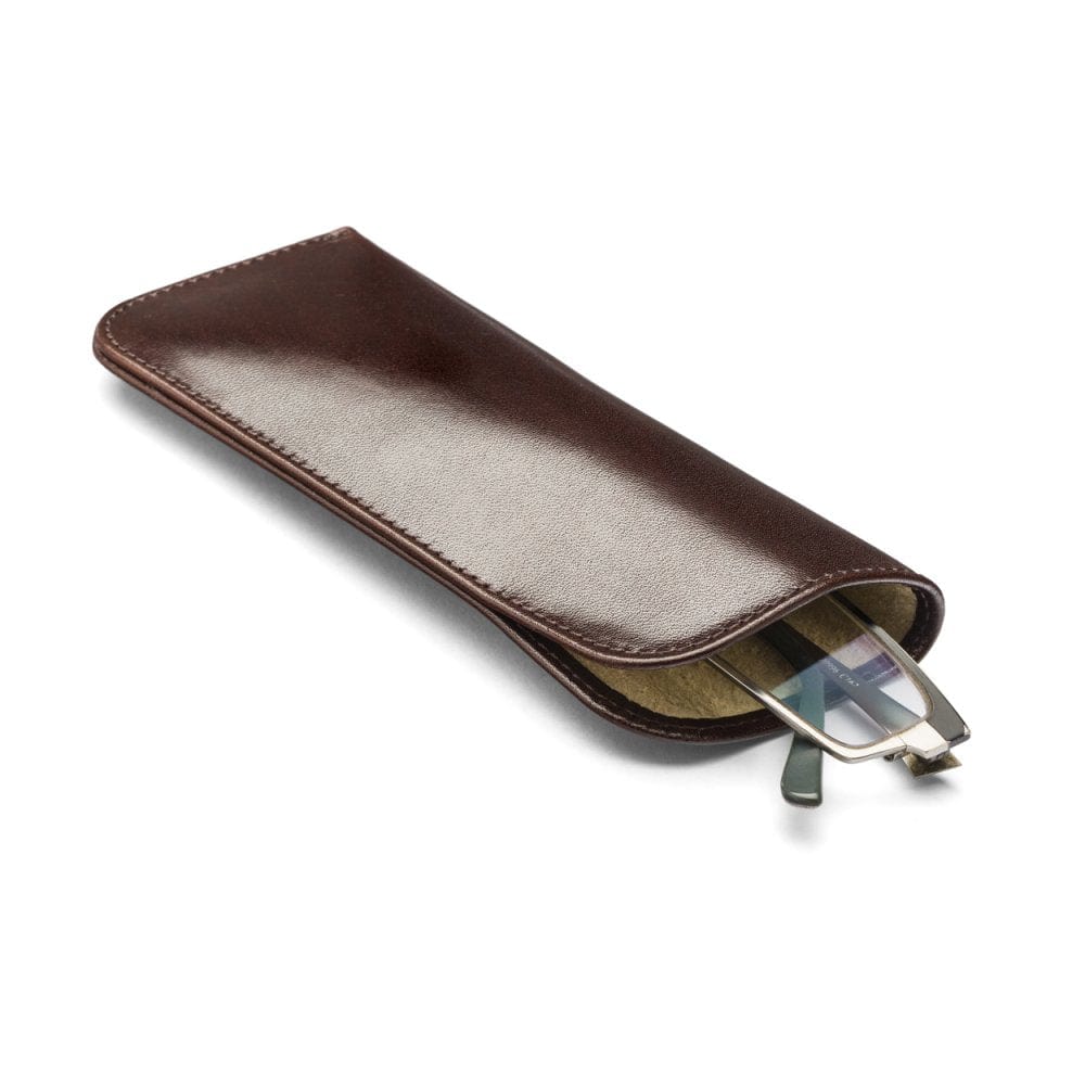 Large leather glasses case, brown, open