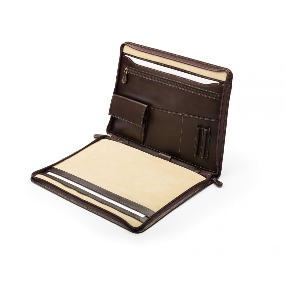 Leather A4 zip around document folder, brown, open