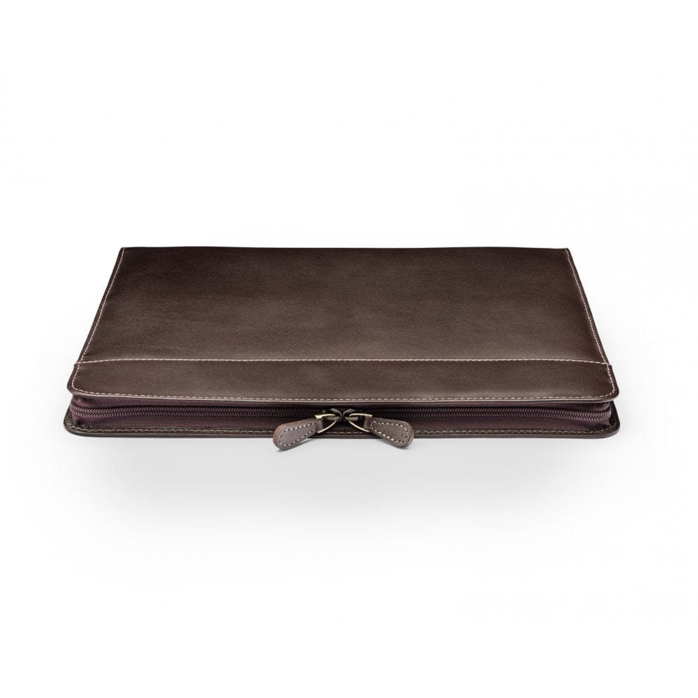 Leather A4 zip around document folder, brown, zips