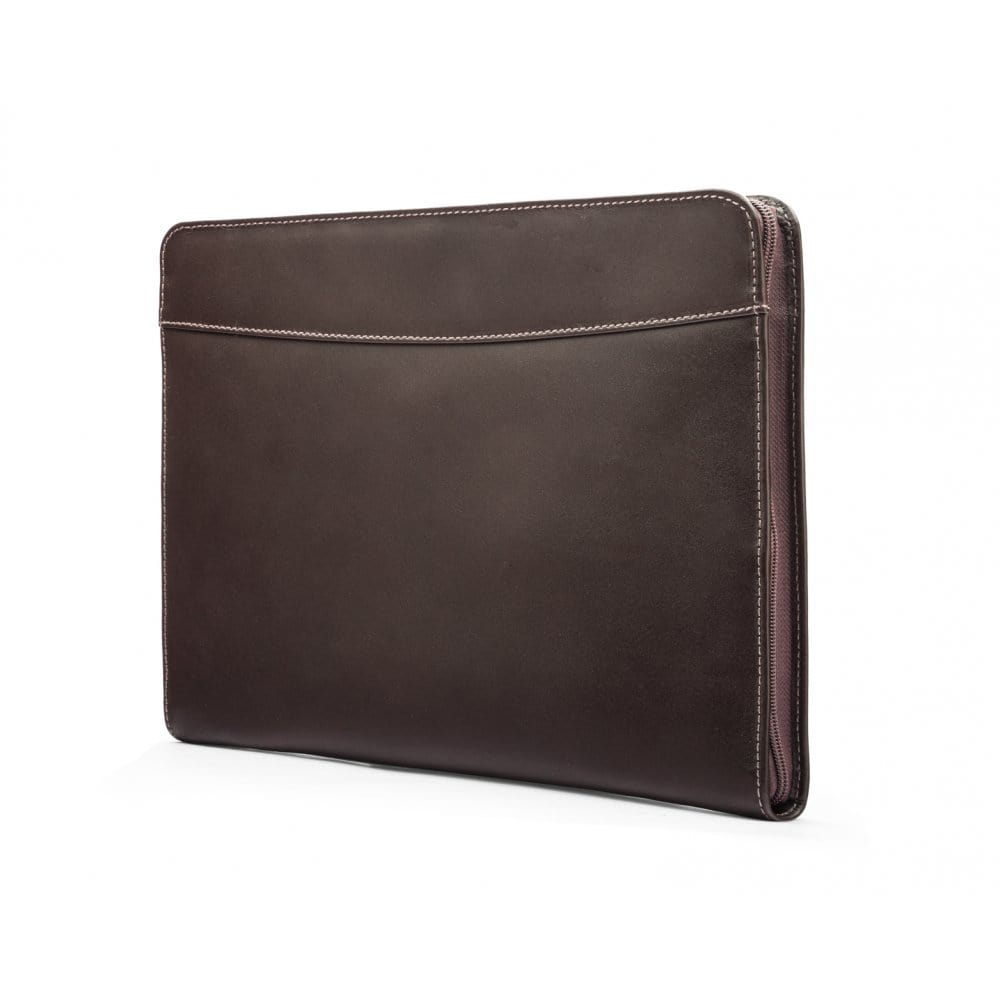 Leather A4 zip around document folder, brown, side