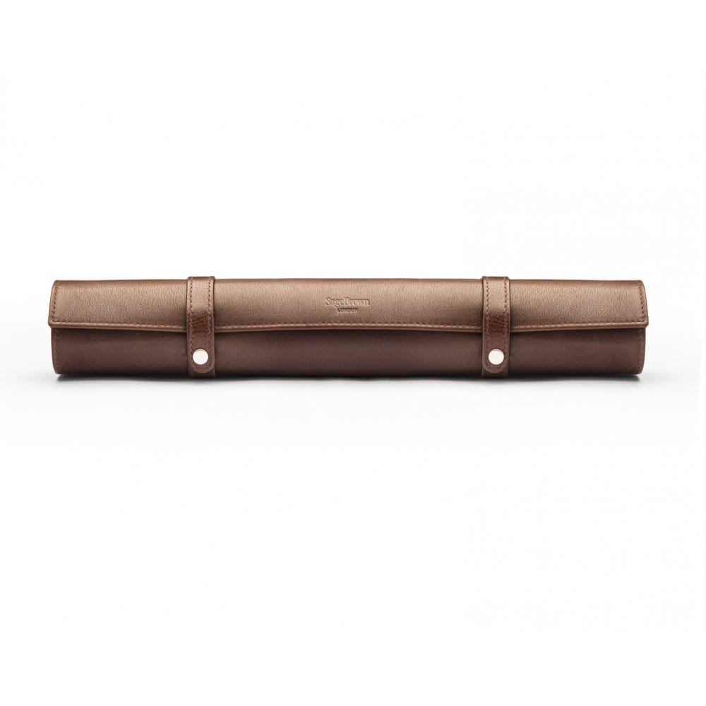 Leather backgammon roll, brown with lime, front