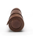 Leather backgammon roll, brown with lime, side view