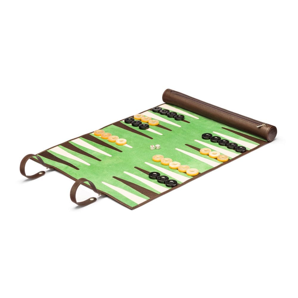 Leather backgammon roll, brown with lime