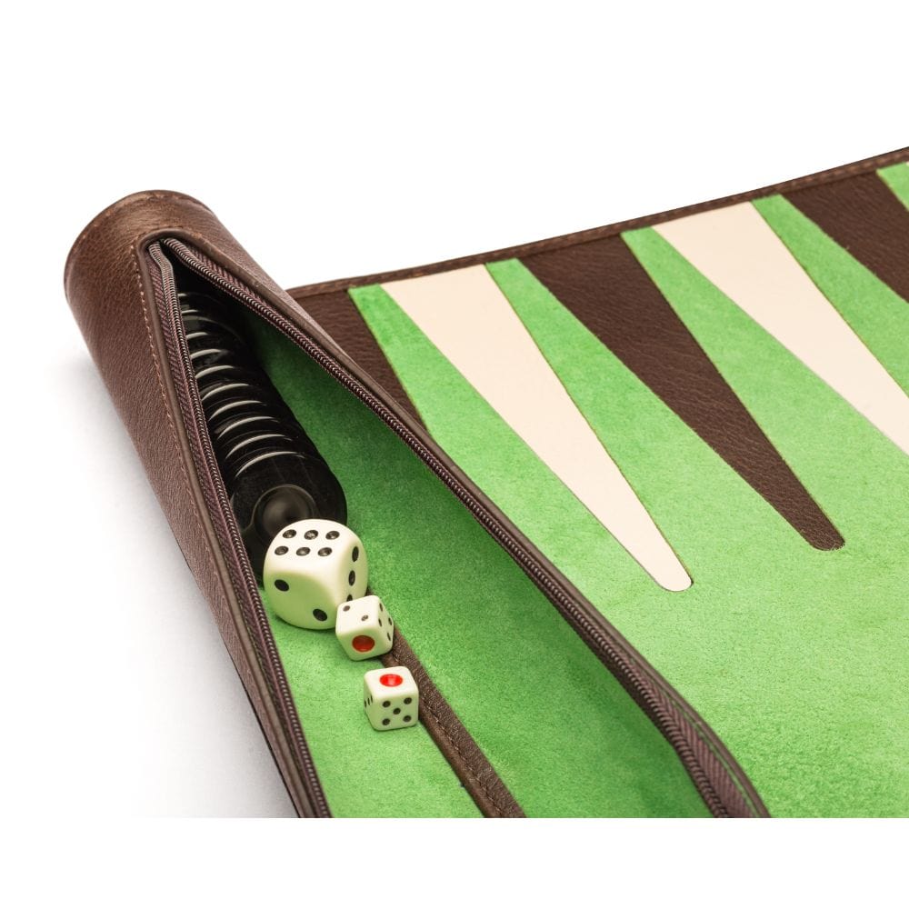 Leather backgammon roll, brown with lime, close up