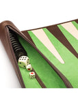 Leather backgammon roll, brown with lime, close up