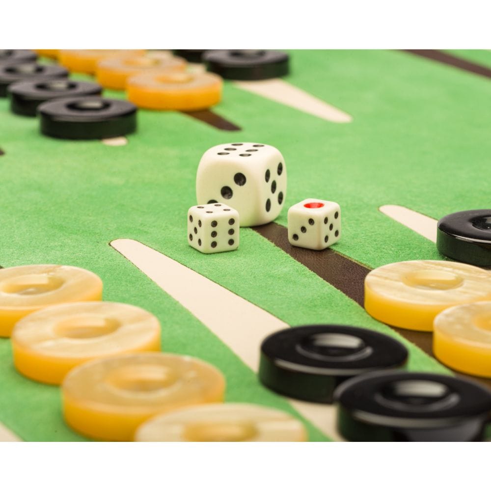 Leather backgammon roll, brown with lime, dice and counters