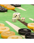 Leather backgammon roll, brown with lime, dice and counters