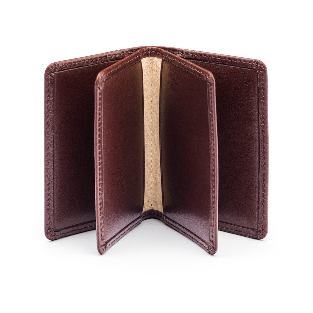 Leather bifold card wallet, brown, open