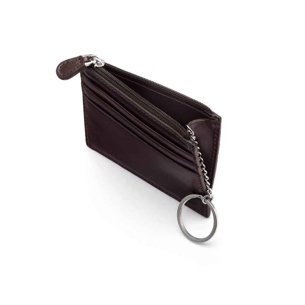 Leather card case with zip coin purse and key chain, brown, open