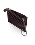 Leather card case with zip coin purse and key chain, brown, open