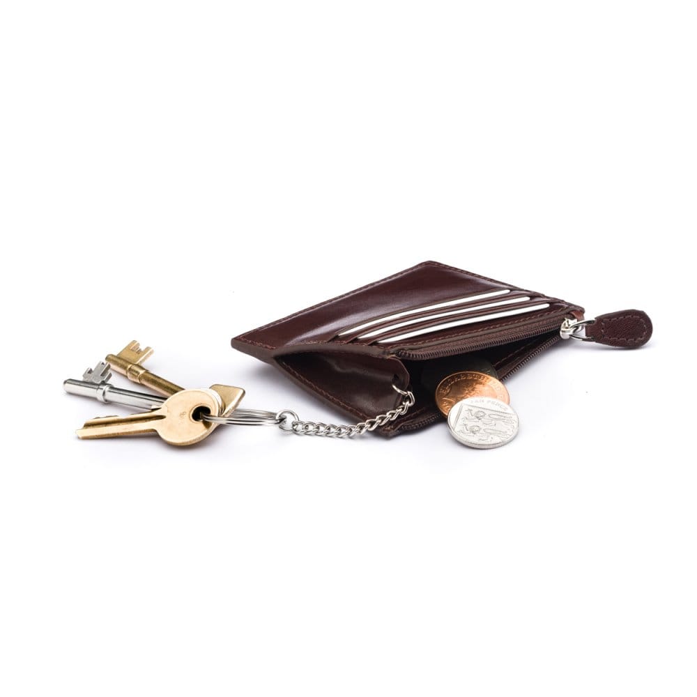 Leather card case with zip coin purse and key chain, brown, inside