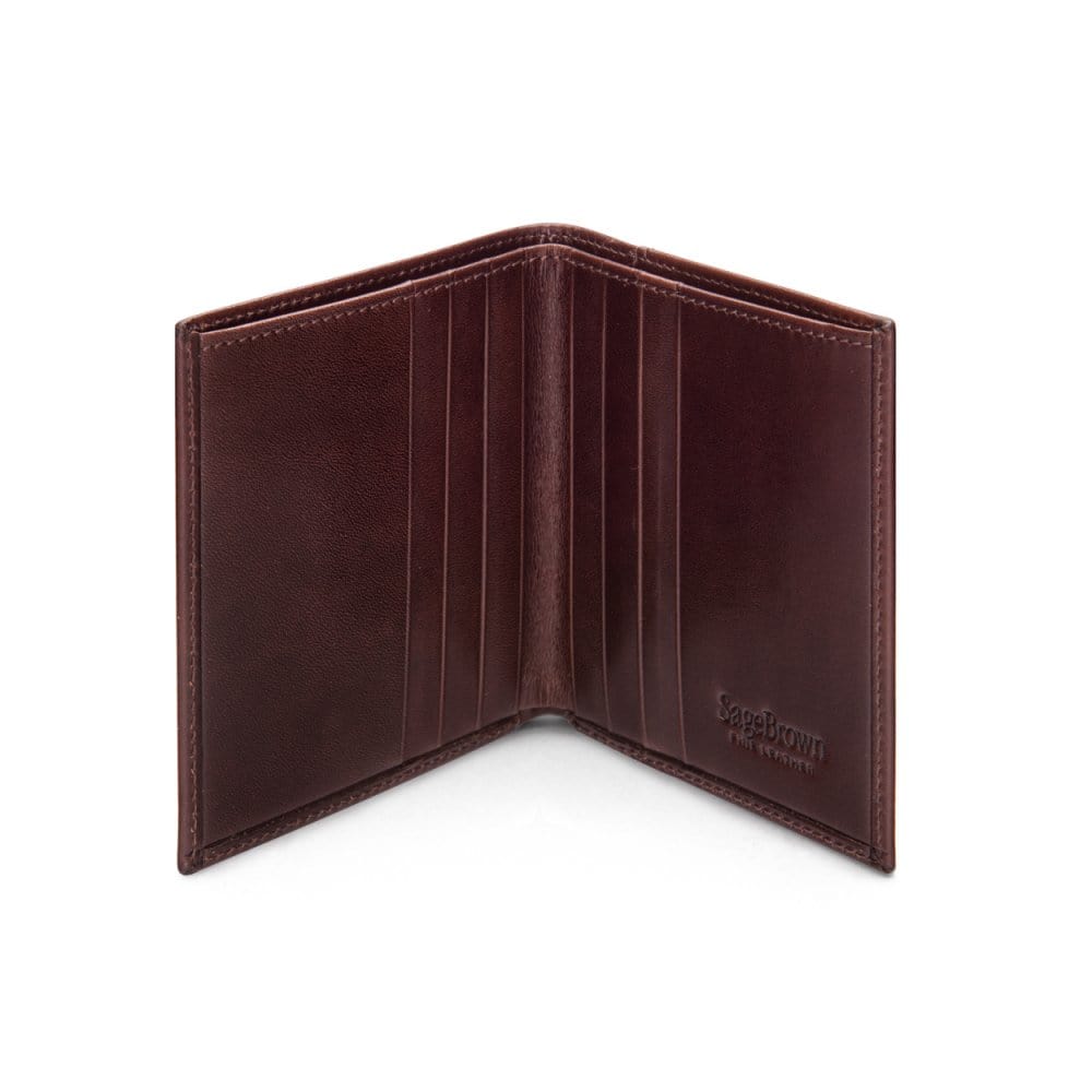 Leather compact billfold wallet 6CC, brown, open