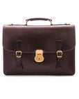 Leather satchel briefcase with straps and brass lock, brown, front