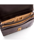 Leather satchel briefcase with straps and brass lock, brown, inside