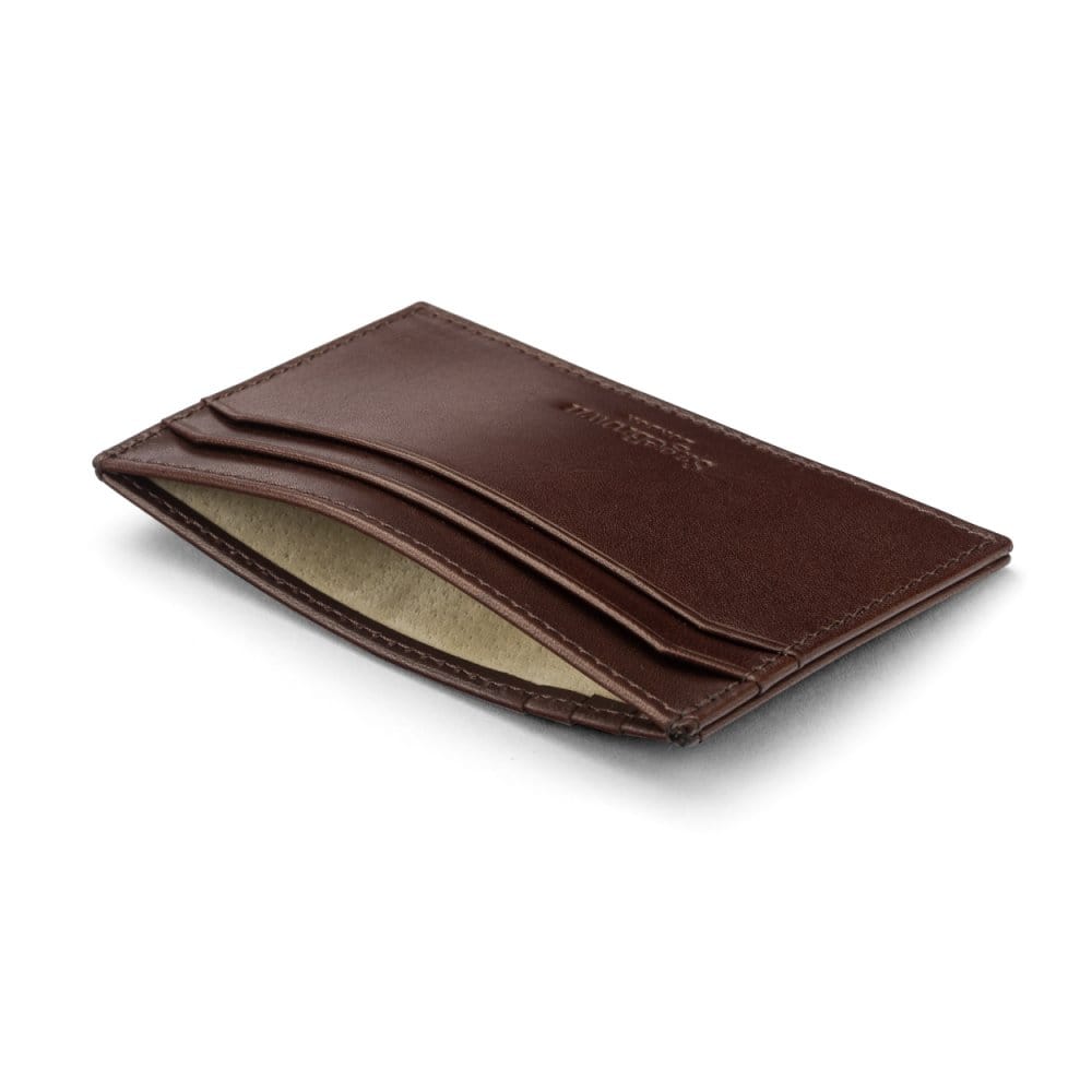 Flat leather credit card holder with middle pocket, 5 CC slots, brown, inside