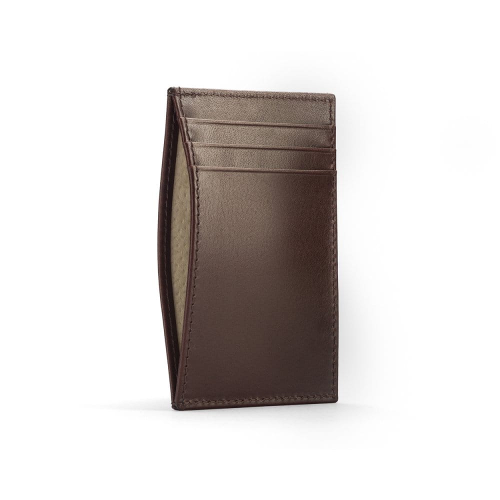 Flat leather credit card holder with middle pocket, 5 CC slots, brown, front