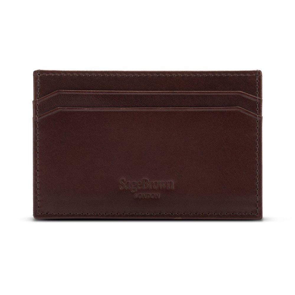 Flat leather credit card holder with middle pocket, 5 CC slots, brown, back