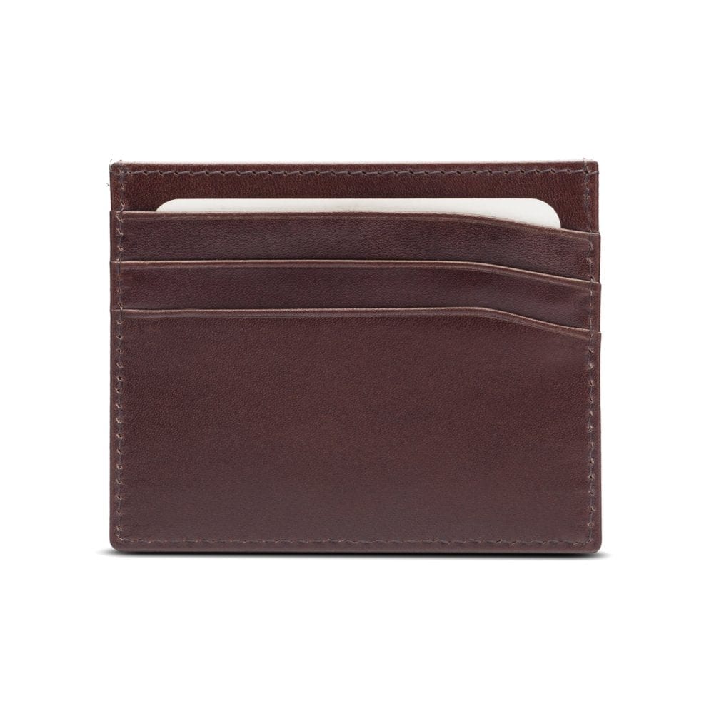 Leather flat credit card wallet 6 CC, brown, front