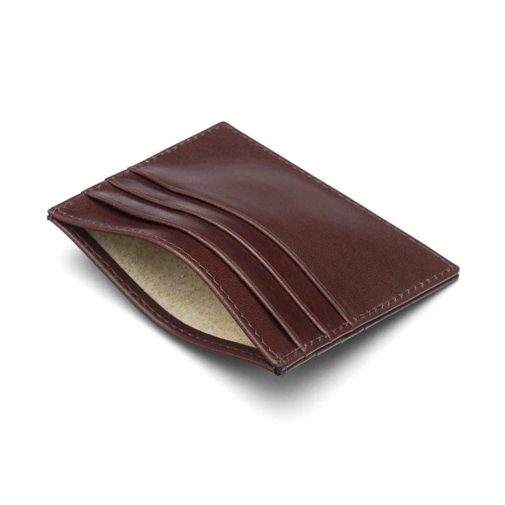 Leather flat credit card wallet 6 CC, brown, inside